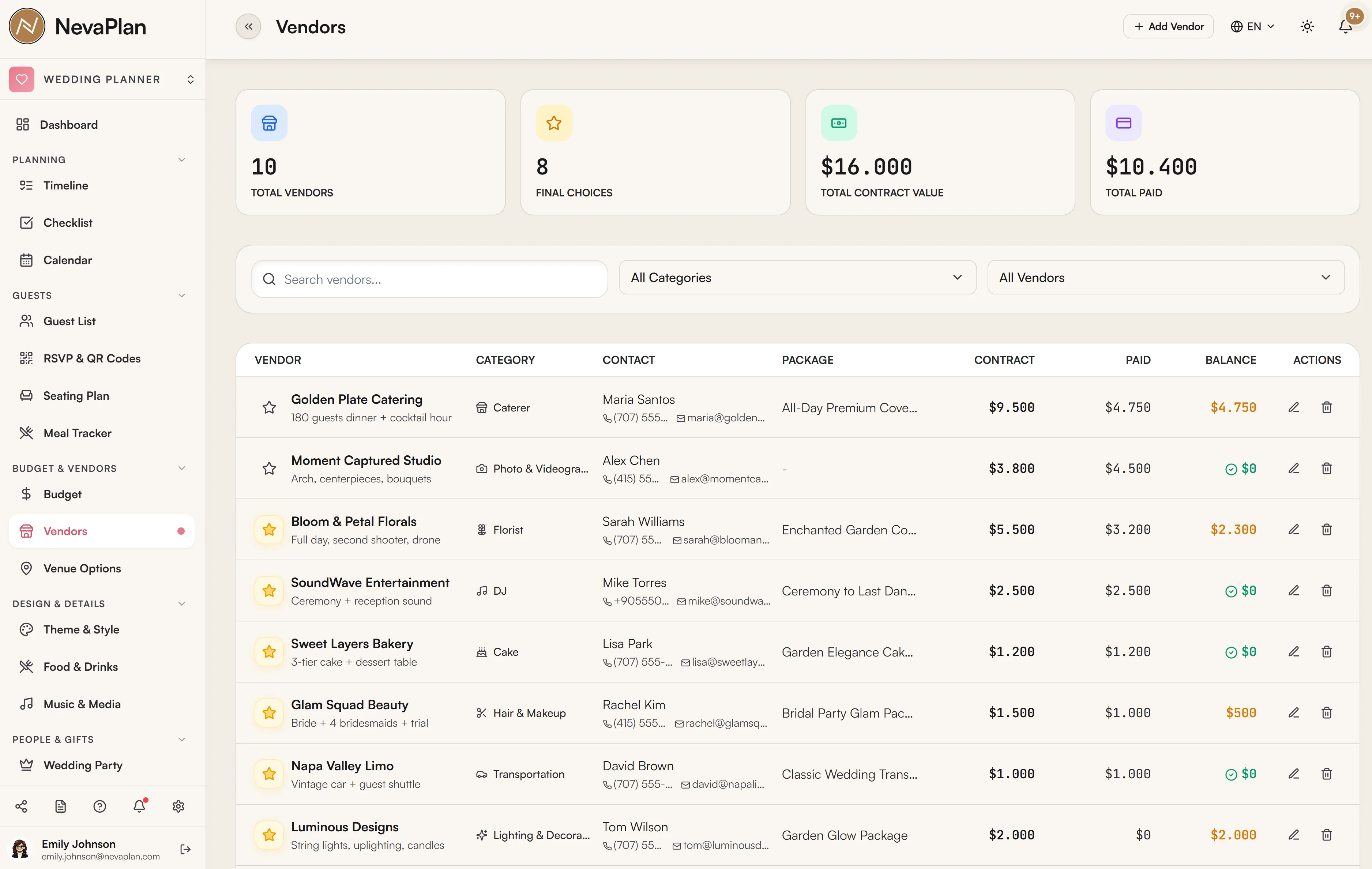 Vendor list with contract and payment columns
