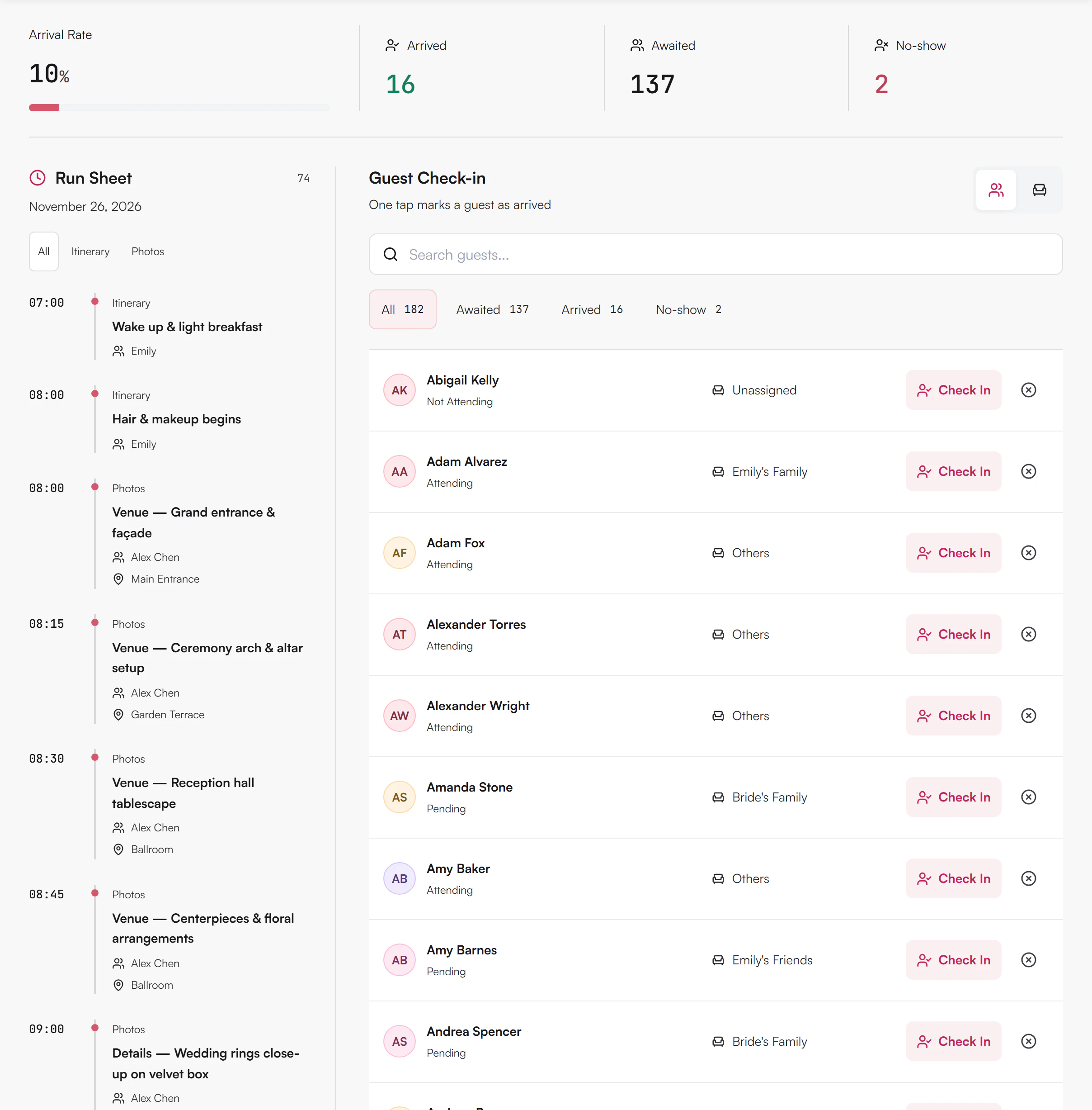 Guest check-in list with search, filter buttons All, Awaited, Arrived and No-show, plus the run sheet