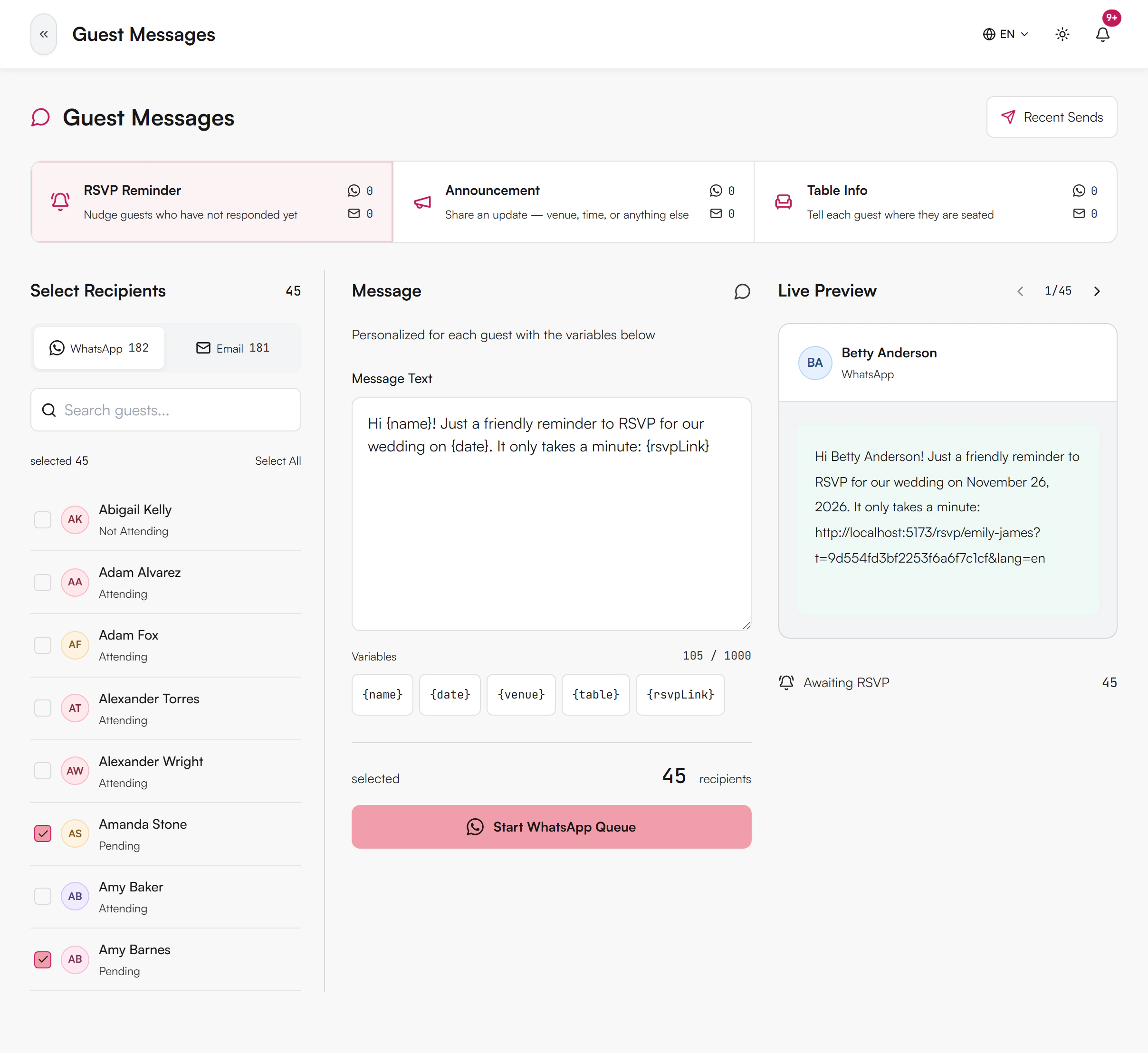 Guest Messages page with three purpose cards, a message editor with variables, a live preview and the guest list