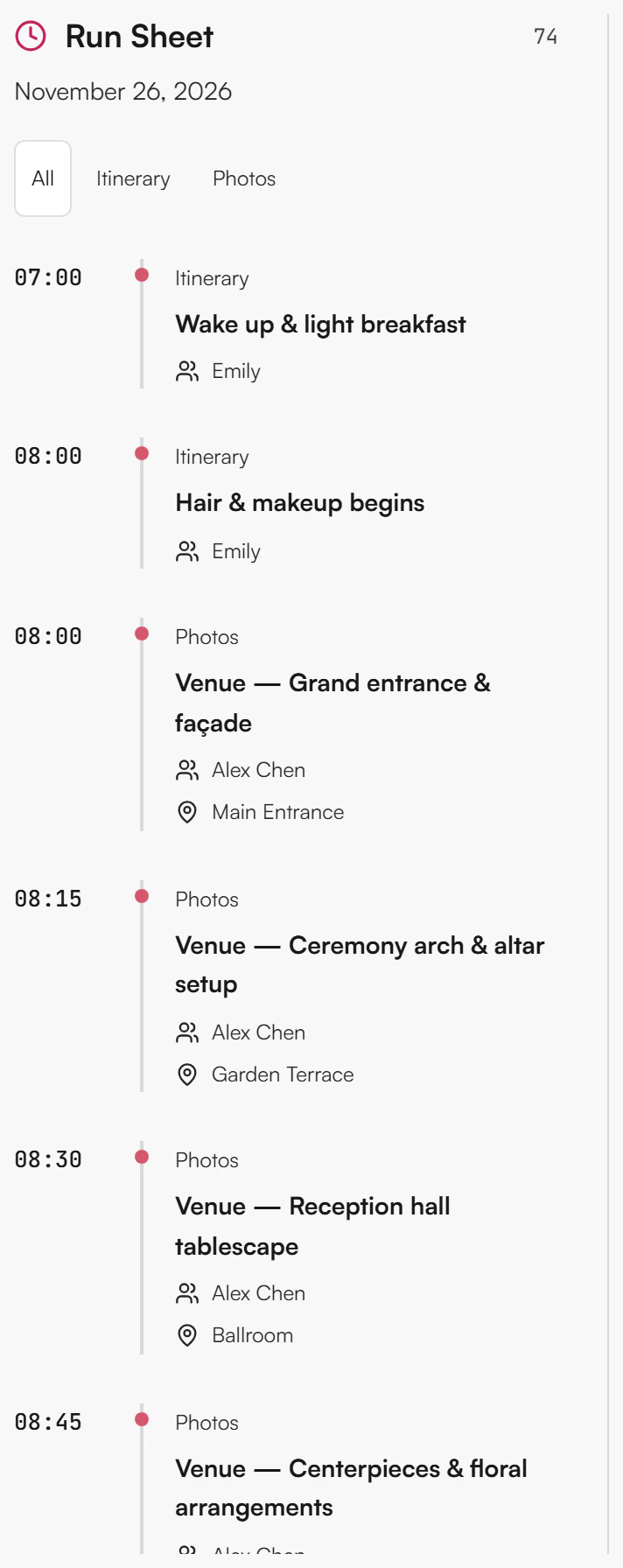 Run Sheet panel with the date, filter buttons All, Itinerary and Photos, and timed entries from 07:00 with their source, title, people and place
