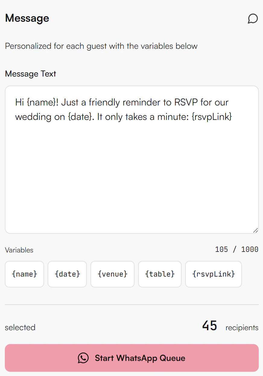 Message editor with a Message Text box holding a reminder with the variables name, date and rsvpLink, the variable buttons name, date, venue, table and rsvpLink, the count of selected recipients and the Start WhatsApp Queue button