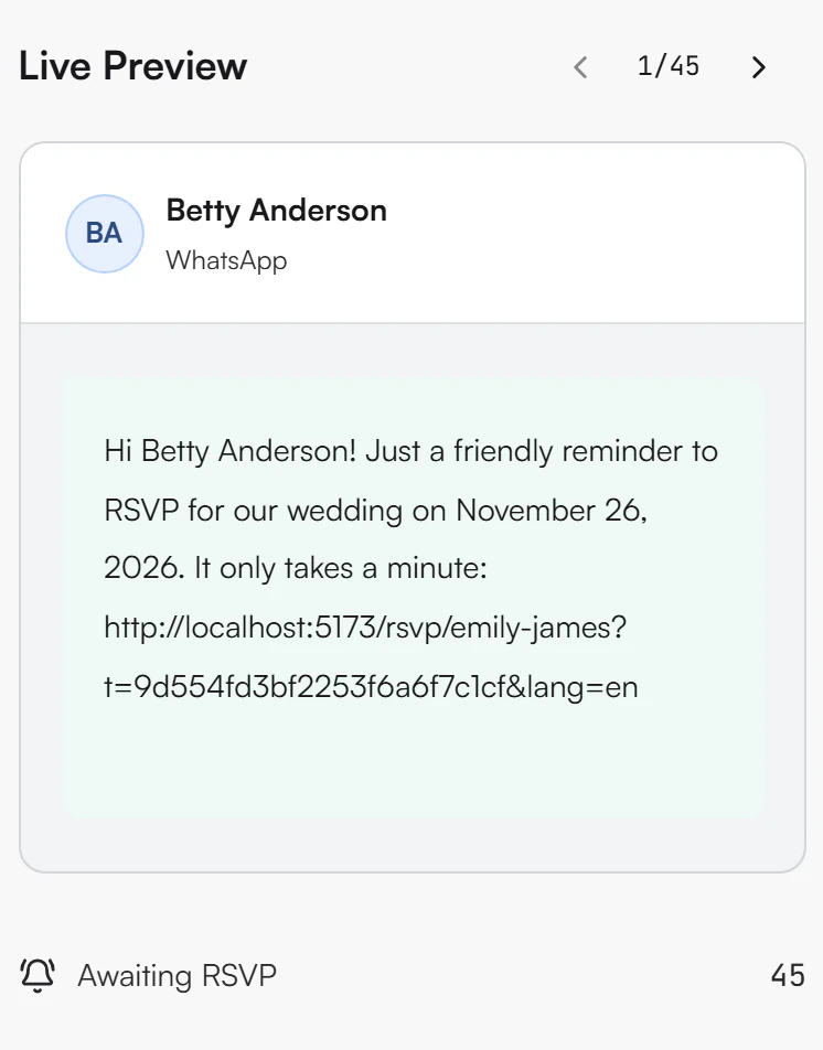 Live Preview card showing the first selected guest's name, the channel, the reminder with the guest's name, date and personal RSVP link filled in, a 1/45 pager and the Awaiting RSVP count