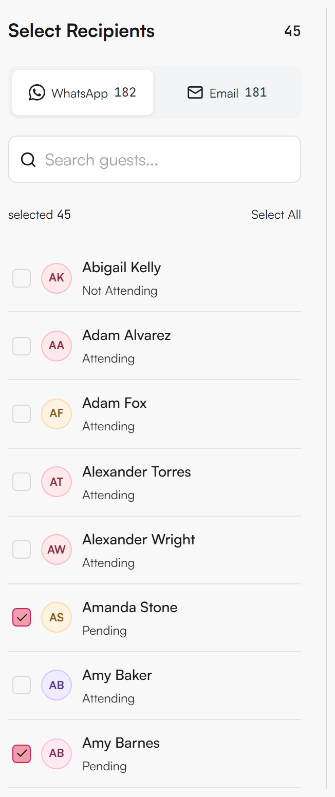 Select Recipients panel with a WhatsApp and Email switch showing counts, a Search guests box, a selected count with Select All, and a list of guests with checkboxes and their RSVP status