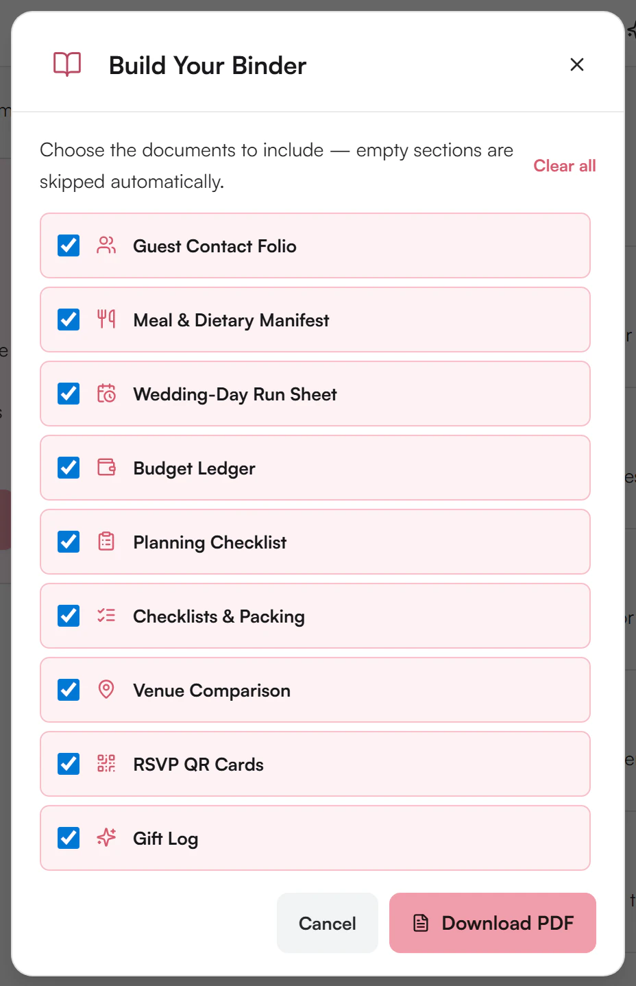 The Build Your Binder window with nine documents, each with a tick box, and Cancel and Download PDF buttons