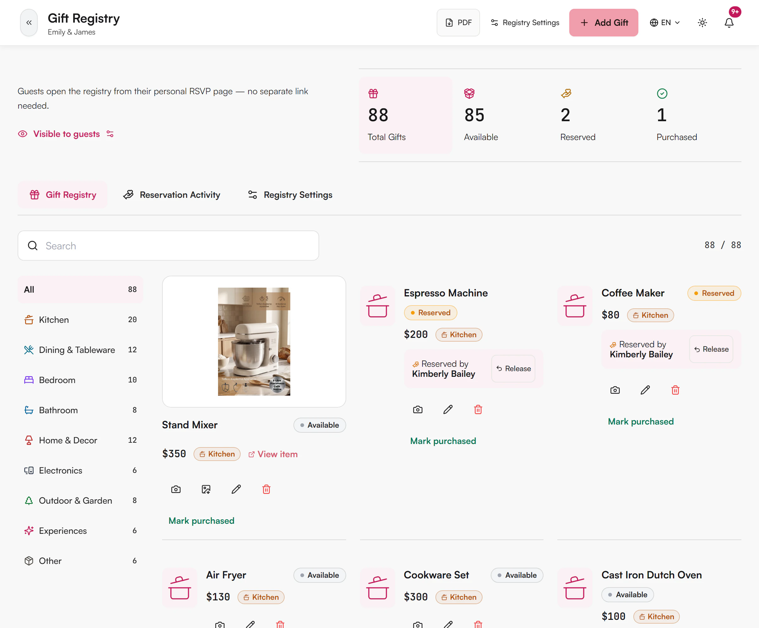 Gift Registry page with summary counts, category filters and gift cards showing reserved and available items