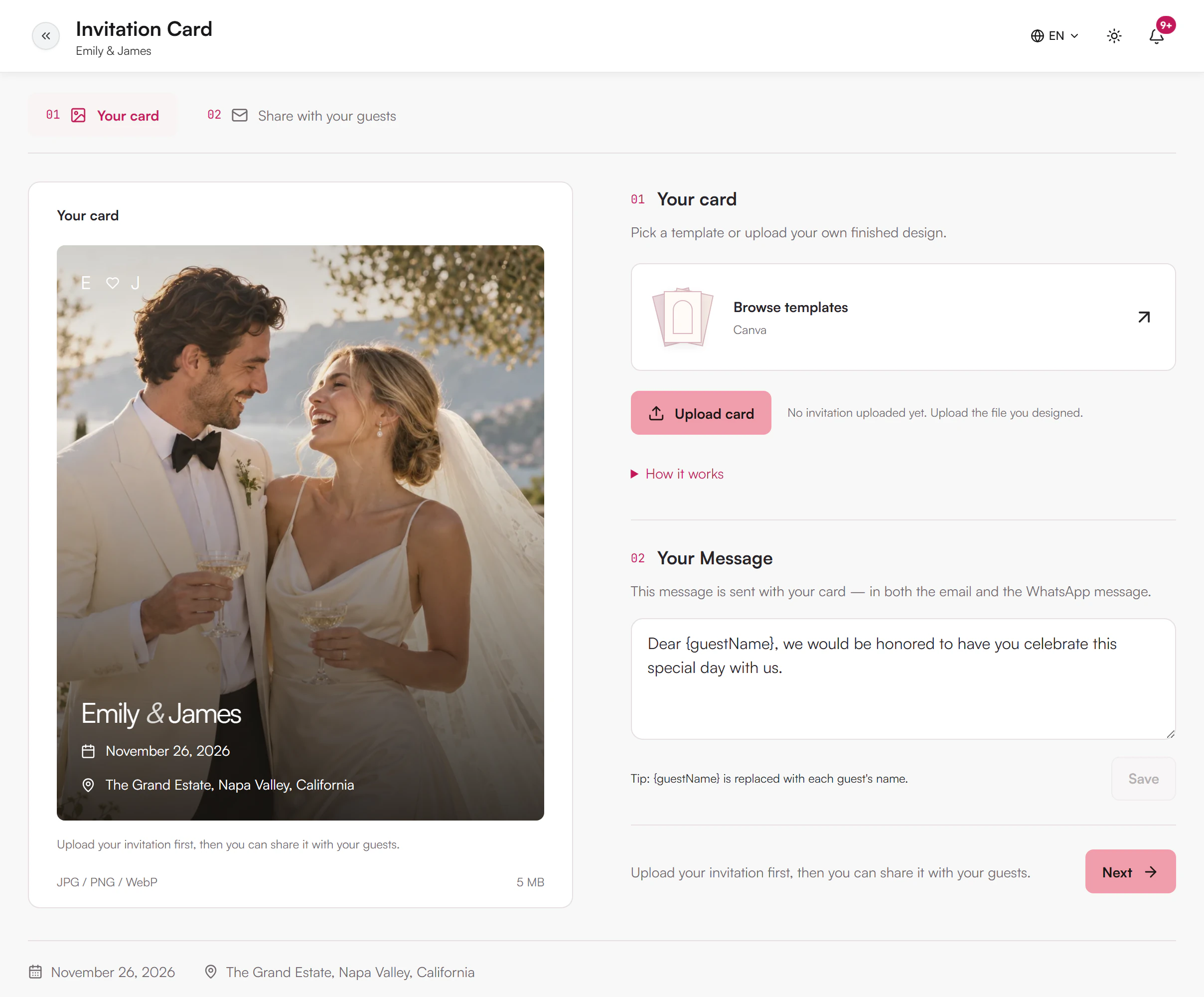 Invitation Card page with the card preview, Browse templates, Upload card and the message box