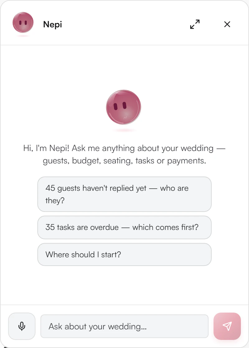 Nepi chat panel with a greeting and starter questions