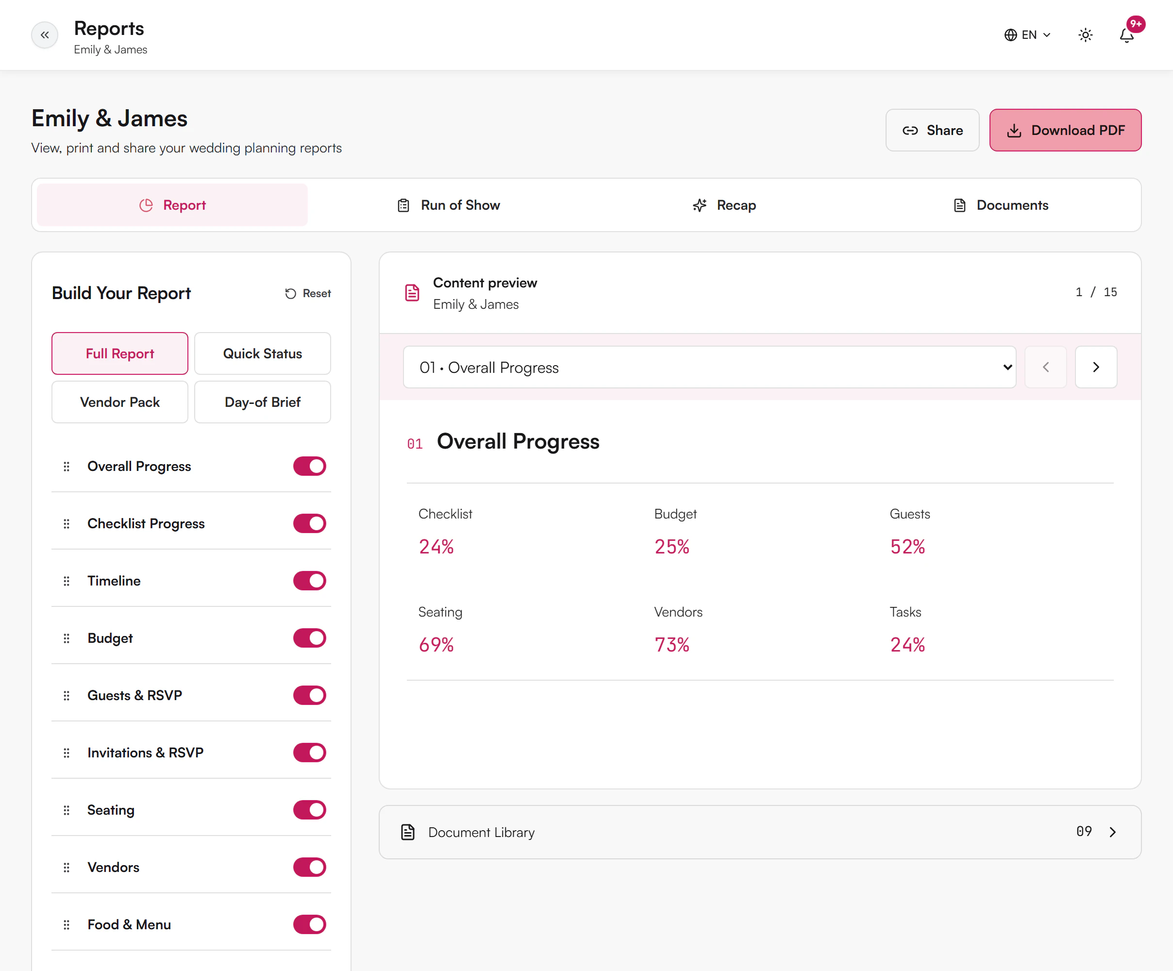 Reports page with the Build Your Report panel, sections and a content preview