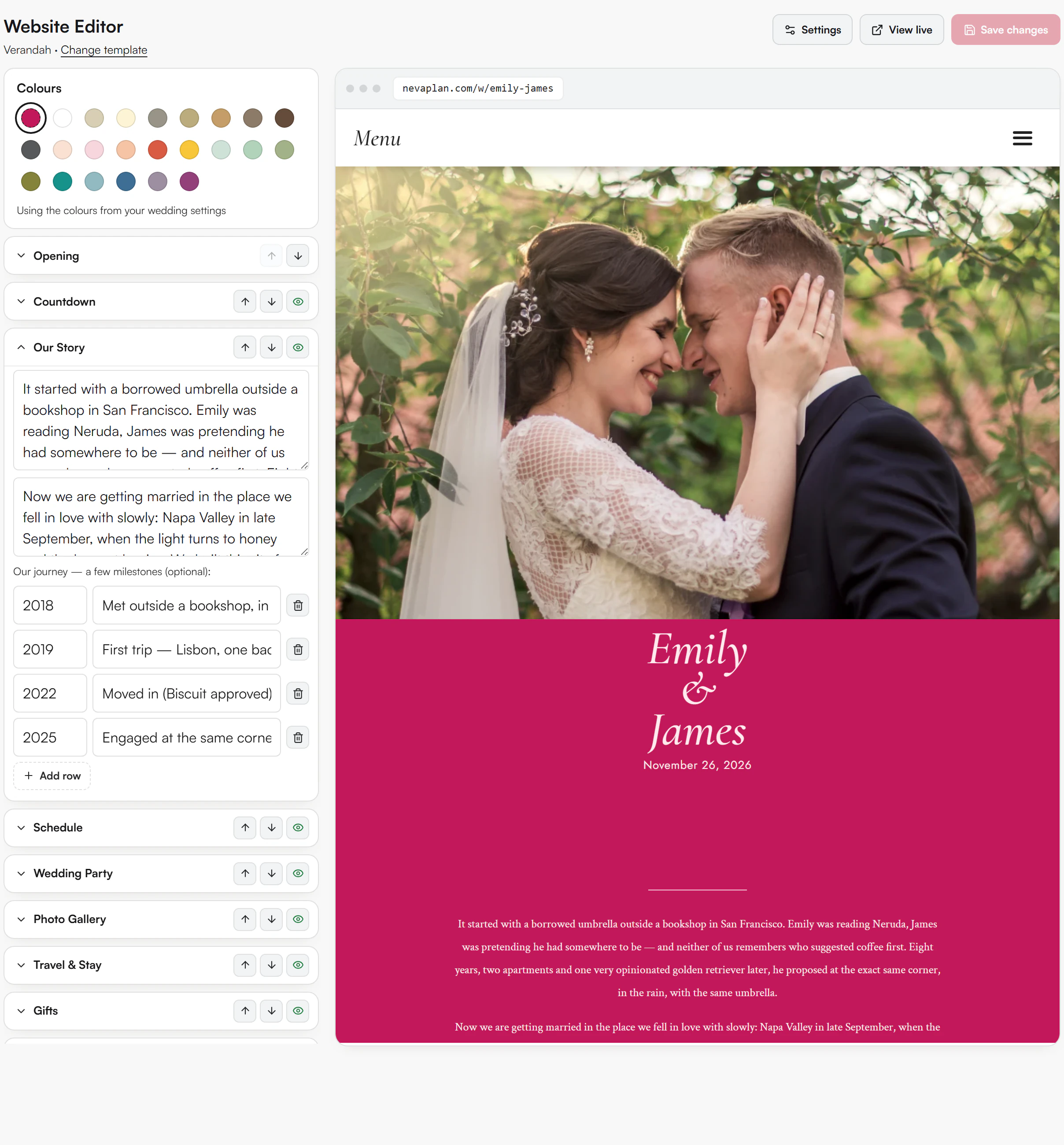 Website Editor page with the template name, the Settings and Save changes buttons, and the list of sections