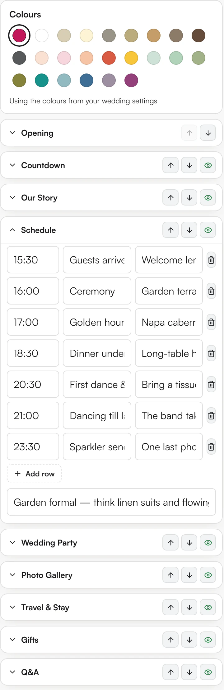 The Schedule section open with time, event and note rows, Add row and the dress code field