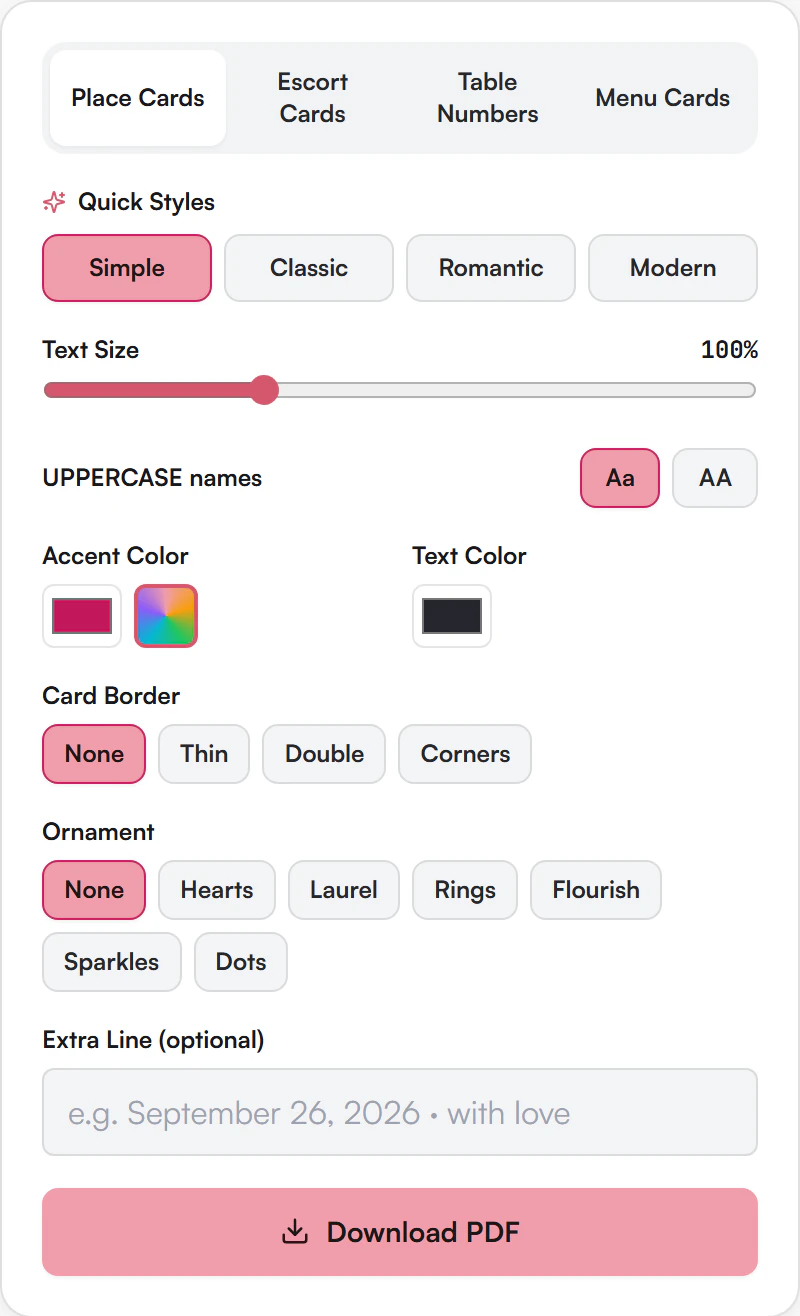 Stationery Editor controls: card type tabs, quick styles, text size, colours, border, ornament and extra line