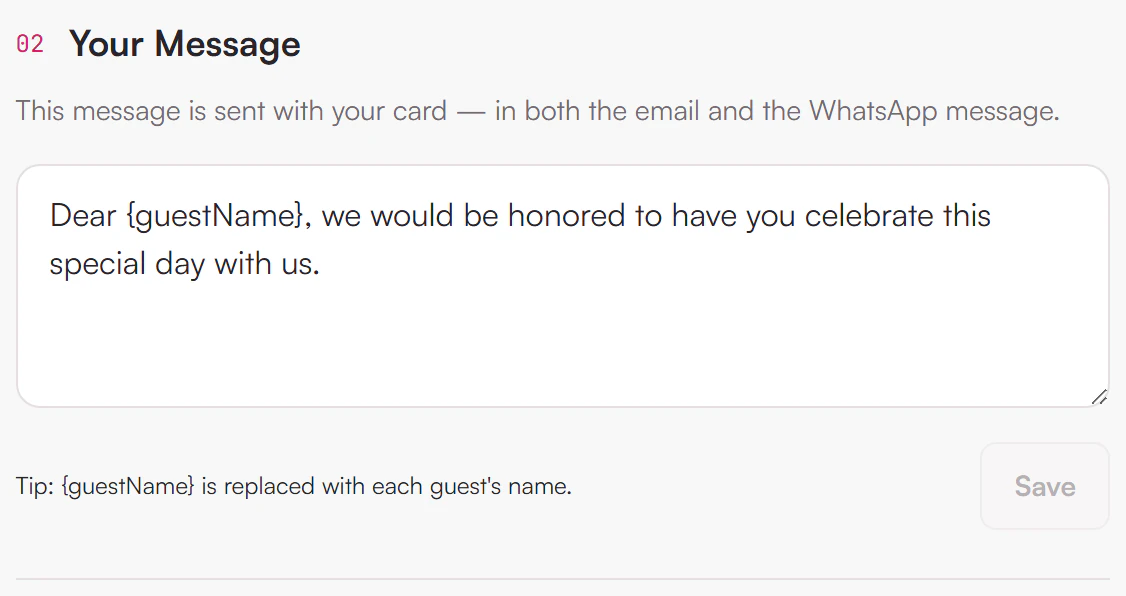 Your Message box with the greeting that uses {guestName}, and the Save button