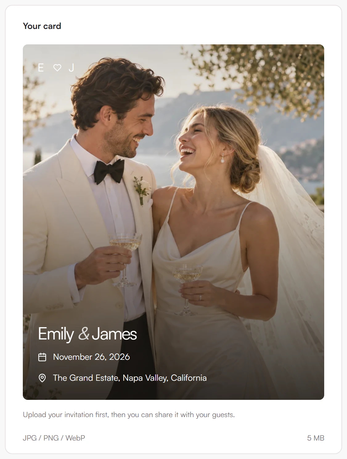 Your card preview showing the couple photo with the names, date and venue in white text