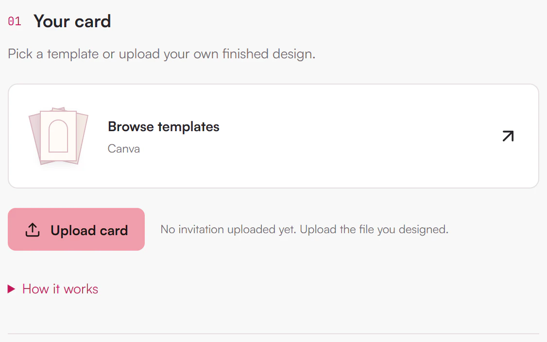 Step 1 controls before an upload: Browse templates, Upload card and the note that no invitation is uploaded yet