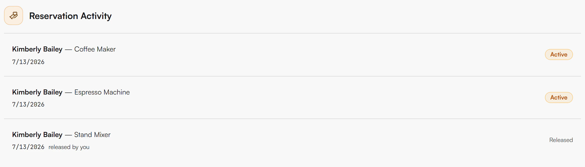 Reservation Activity list with each reservation, its date and status, and a release made by you