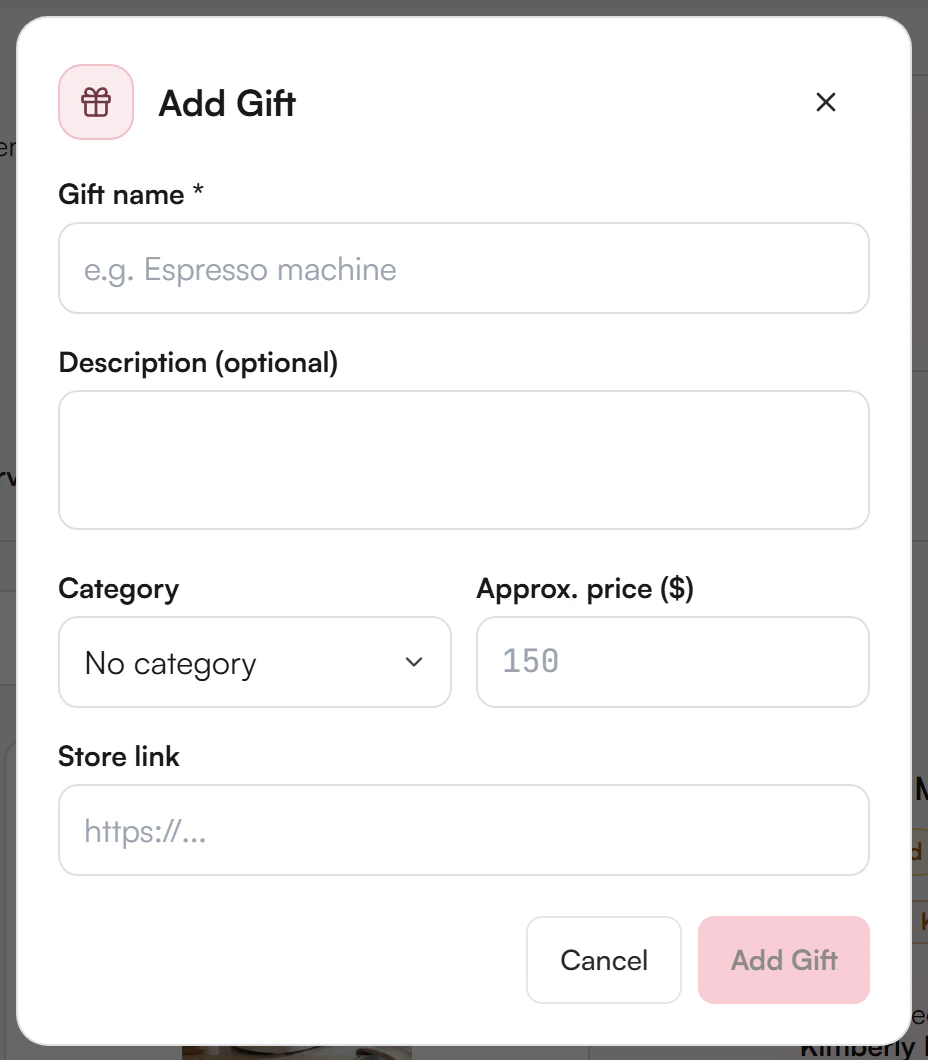 Add Gift dialog with Gift name, Description, Category, Approx. price and Store link fields