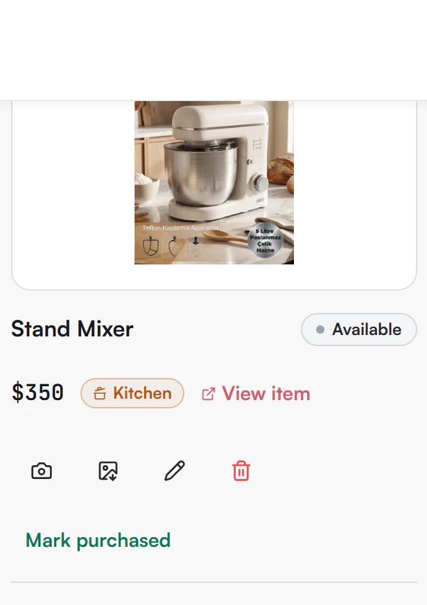 A gift card showing the product photo, name, Available status, price, category, View item link, the photo, edit and delete icons and Mark purchased