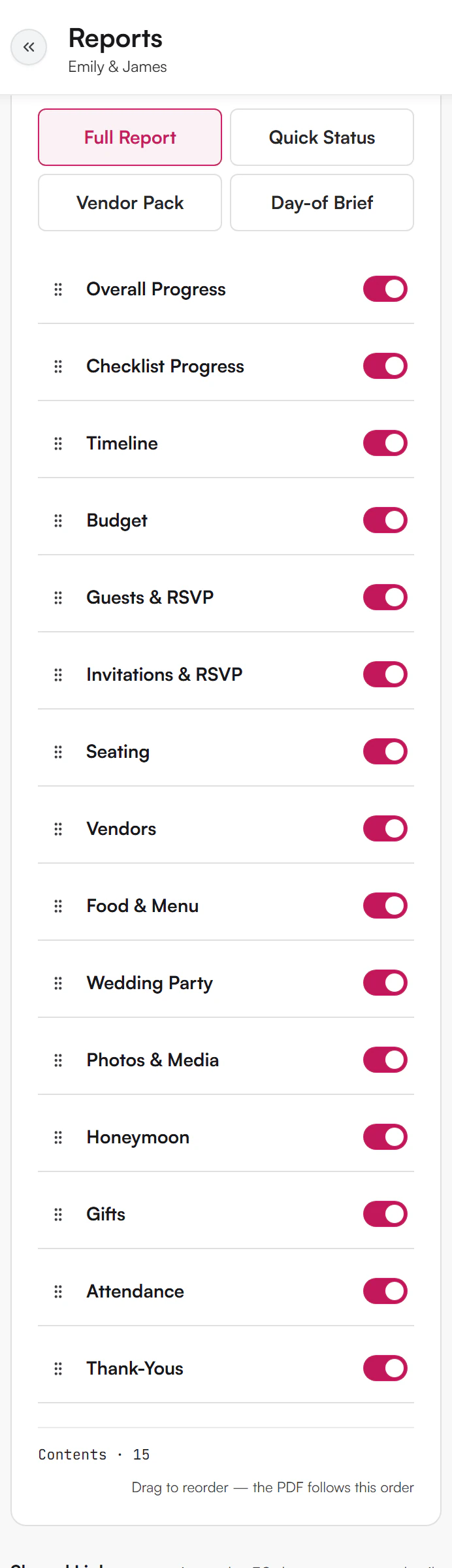 Build Your Report panel with the four presets and the list of sections, each with an on/off toggle