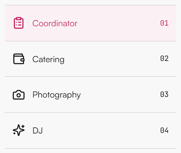 Vendor role list: Coordinator, Catering, Photography and DJ