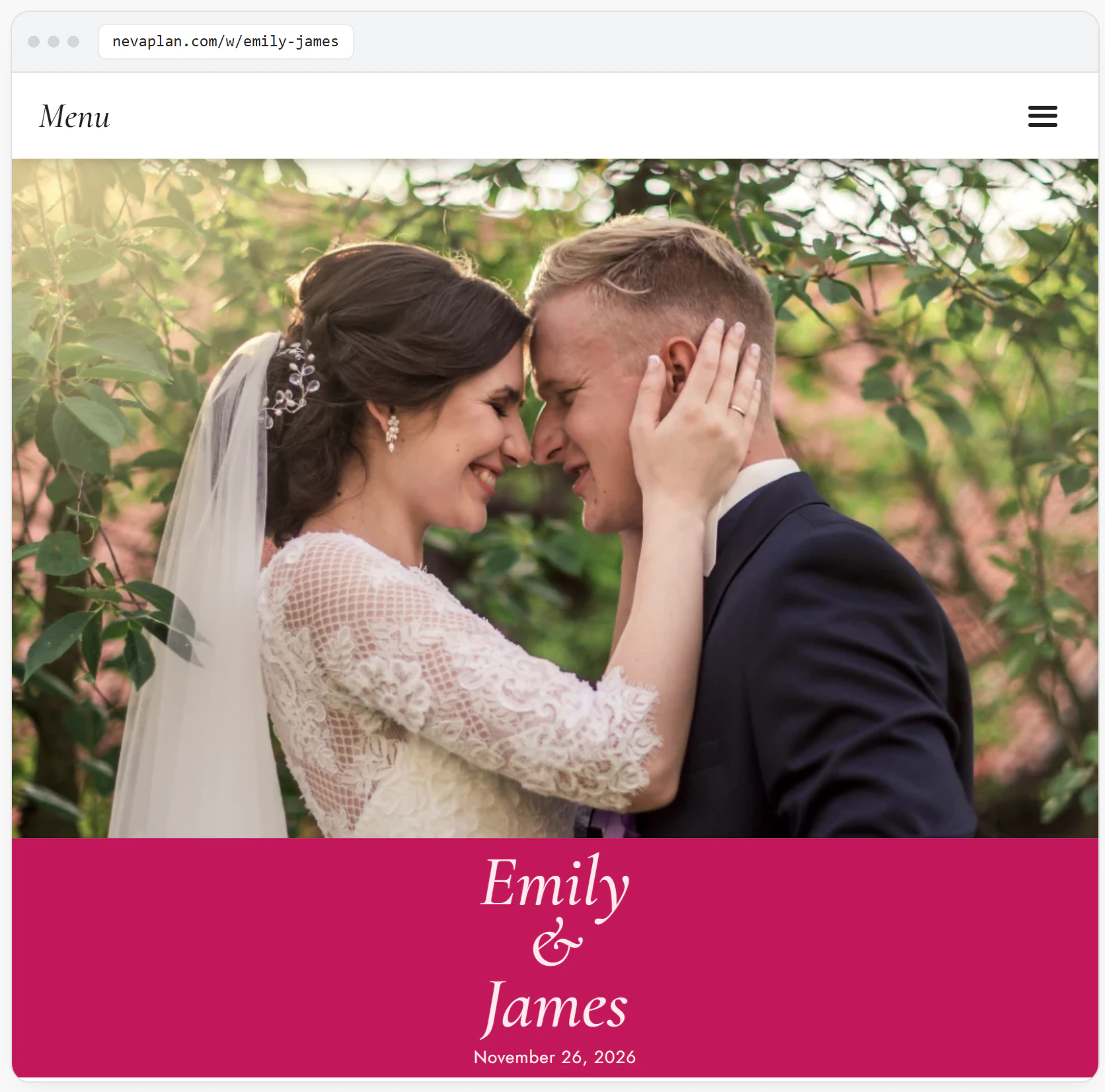 Live preview of the couple website top: the address bar, the Menu, the hero photo and the names and date