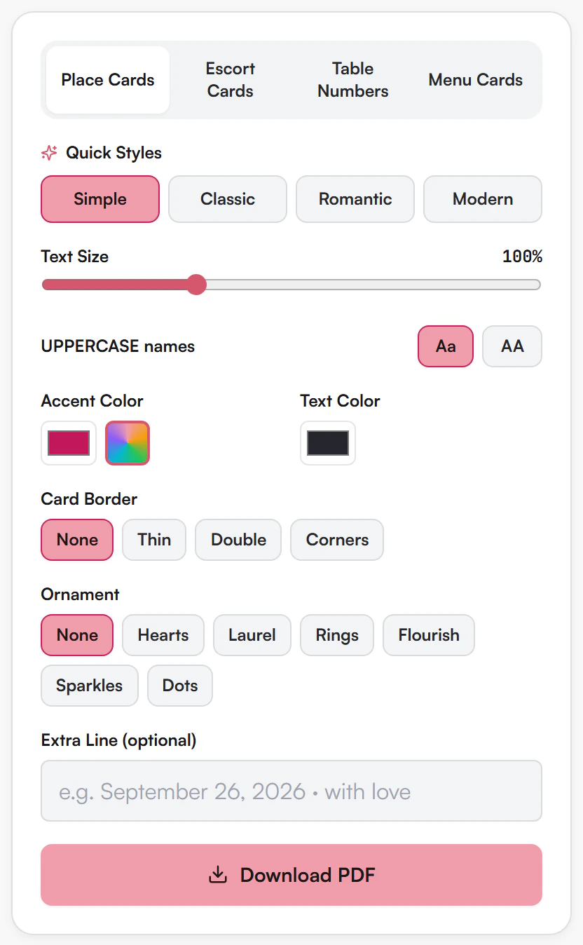 Stationery Editor controls panel: card type tabs, Quick Styles, Text Size, UPPERCASE names, colours, Card Border, Ornament, Extra Line and Download PDF