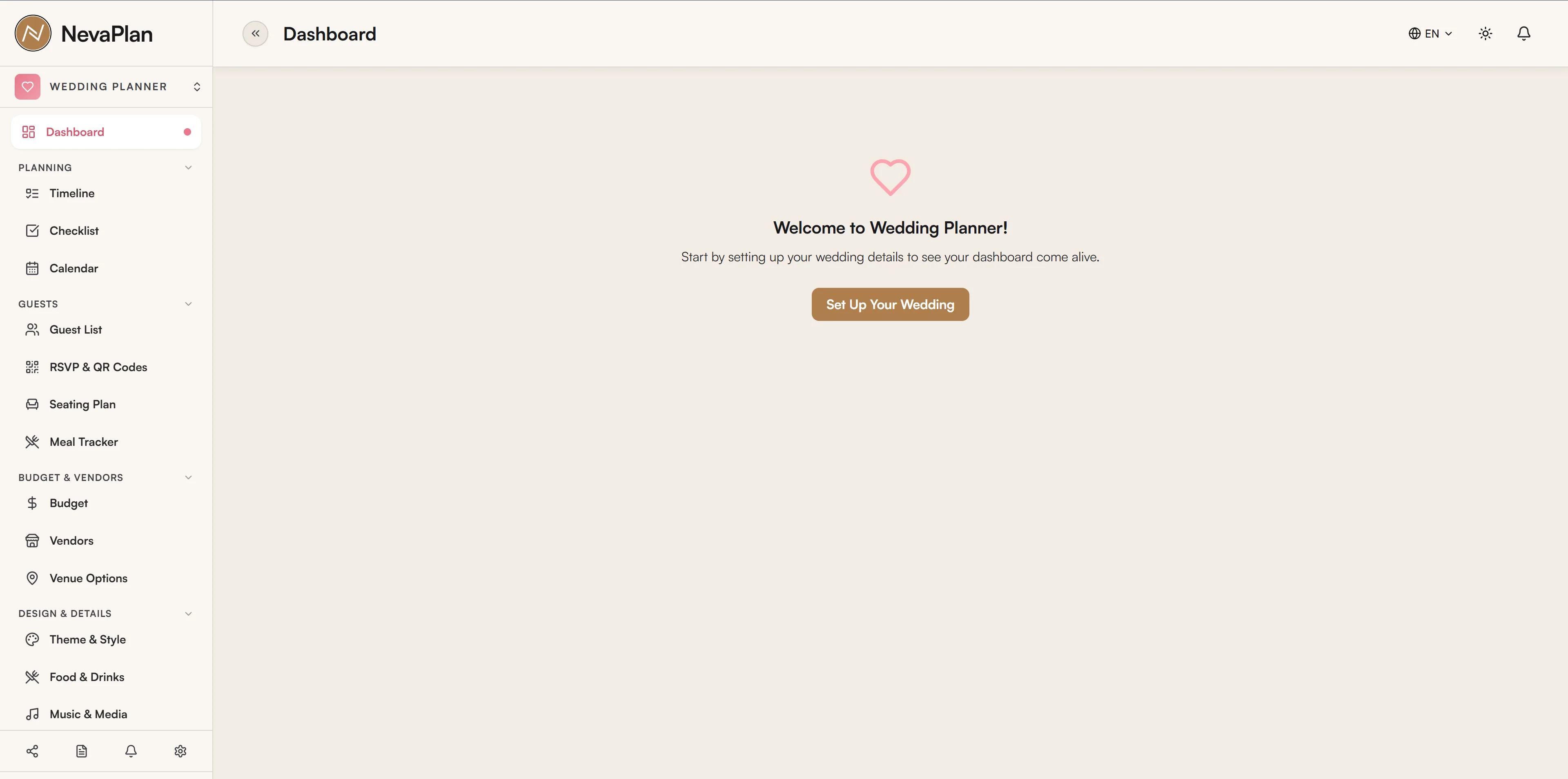 Empty Wedding Planner dashboard screen