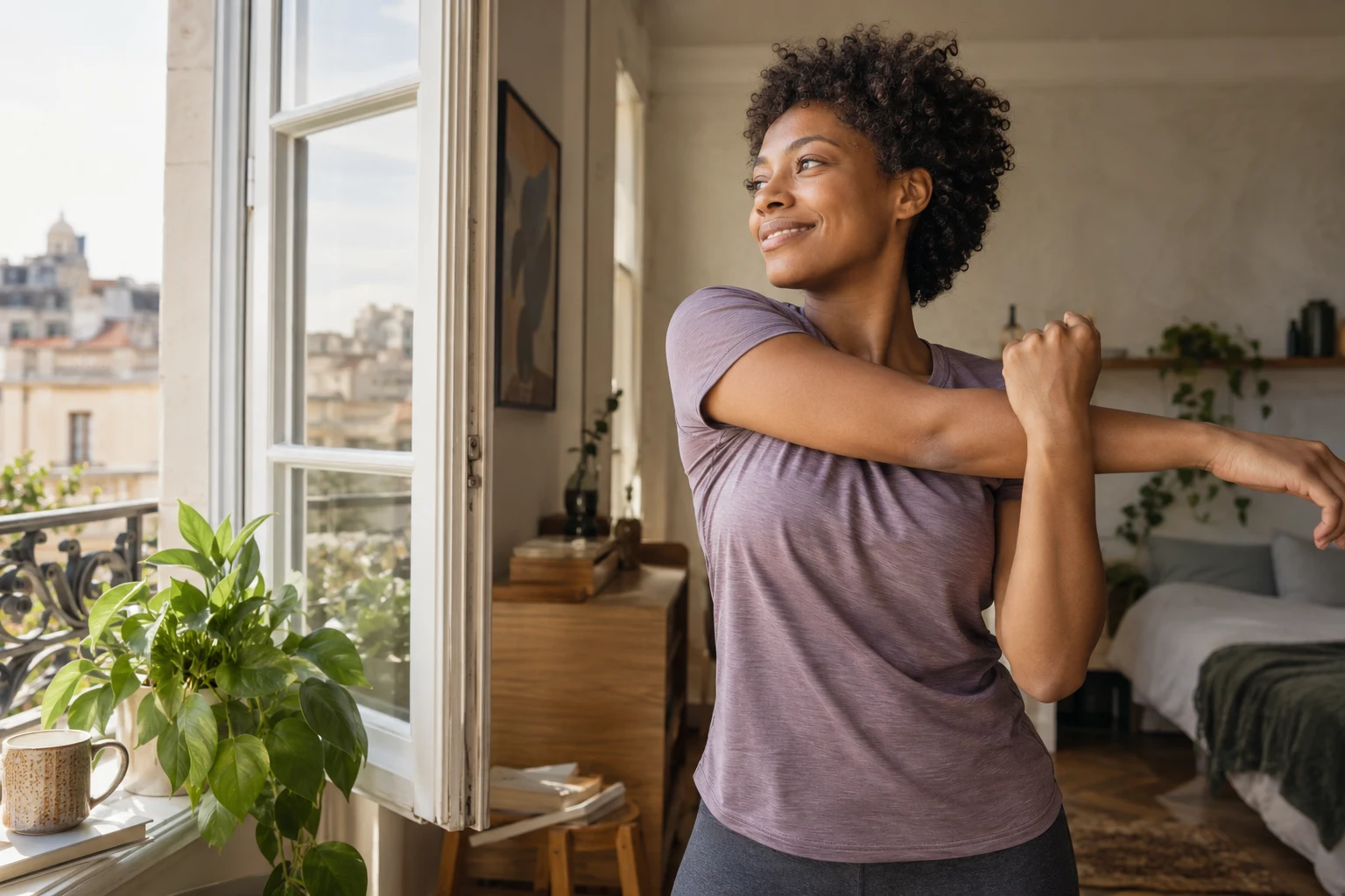 Una donna fa stretching vicino a una finestra aperta al mattino.