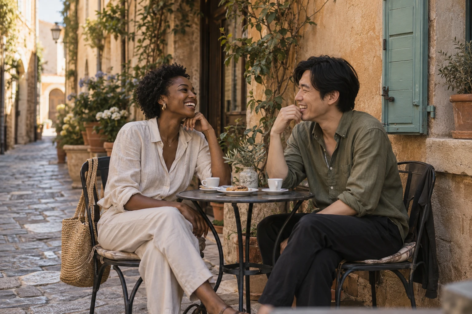 Due amici ridono davanti a un caffè all’aperto in una strada tranquilla.