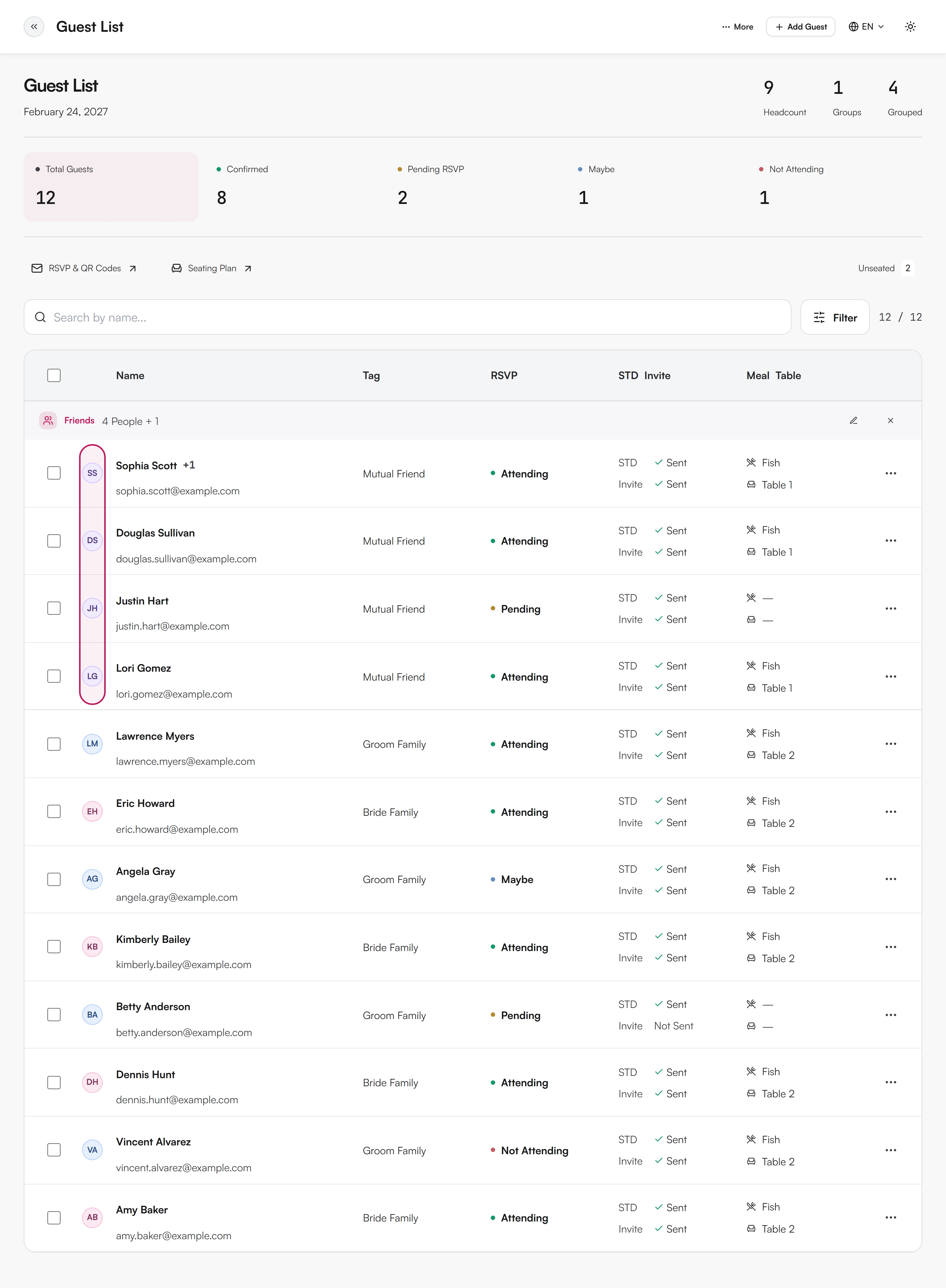 NevaPlan guest list showing RSVP responses and meal choices