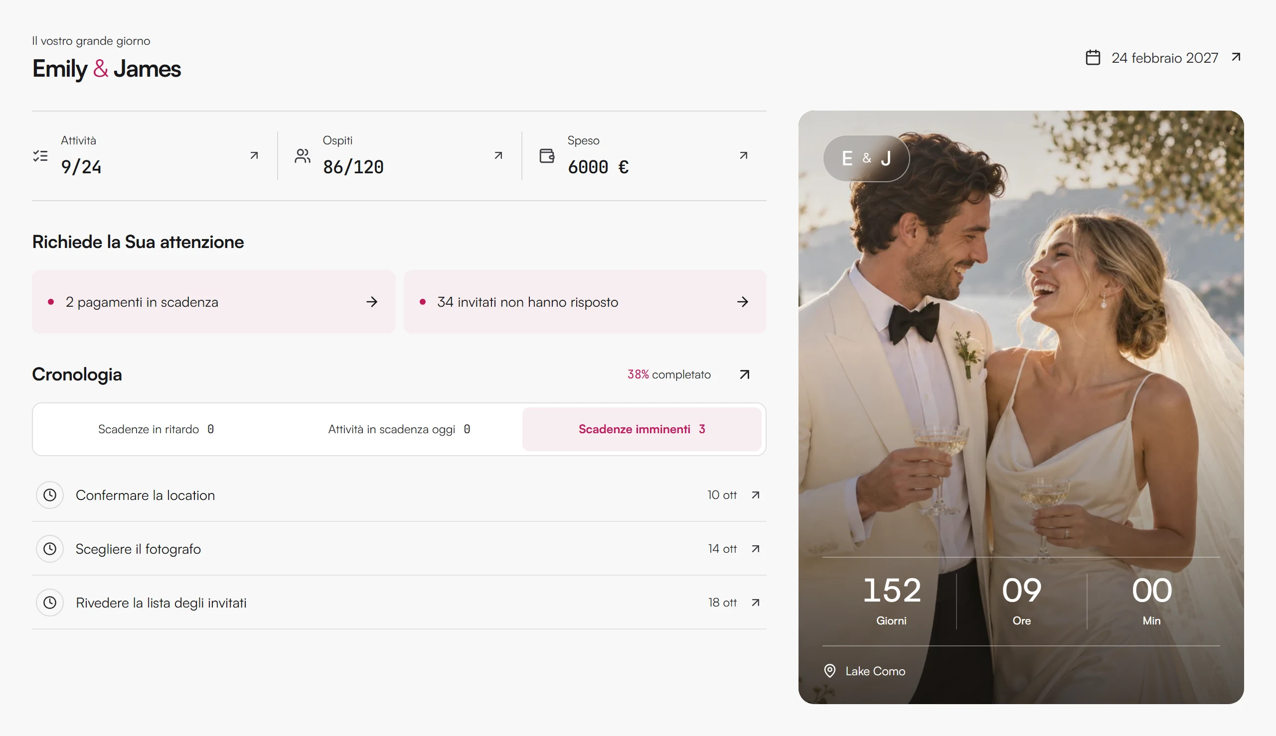 Dashboard con prossime attività, risposte degli invitati e pagamenti